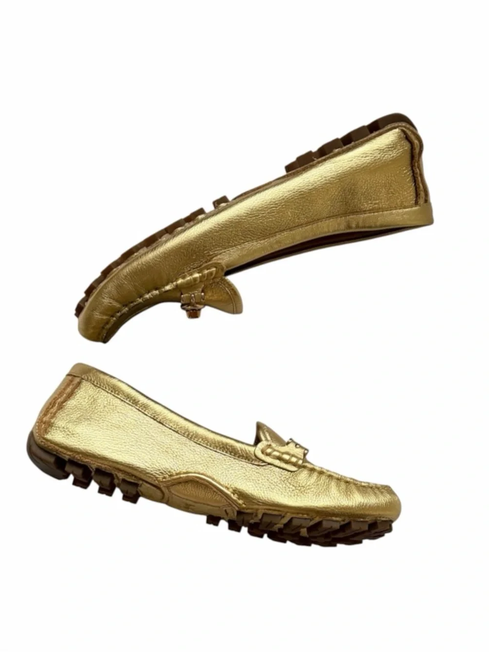Coach Metallica Gold Tumbled Leather TurnLock Arlene Driving Loafers Size 7.5